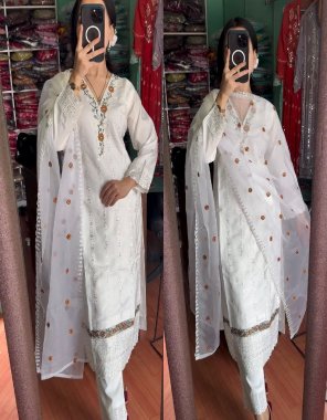 white top - heavy faux georgette with heavy embroidery sequance work ( fully sleeves ) | inner - micro cotton | length - 36 - 38 inch | size - m ( 38 ) | l ( 40 ) | xl ( 42 ) | xxl ( 44 ) | pant - micro cotton and heavy faux georgette material embroidery sequance work | pant - heavy micro cotton | pant lenght - 40 - 42 inches ( fully stitched ) | dupatta - heavy faux georgette with embroidery sequance cut work ( 2.40 m) fabric embroidery work casual 