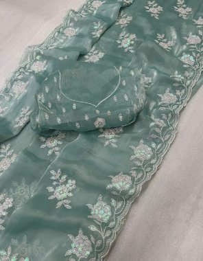 sky blue saree - jimmy choo fabric with dual sequance thread embroidery work with cut border and butta work | blouse - jimmy cho silk with dual sequance work with sleeves work  fabric sequance work festive 