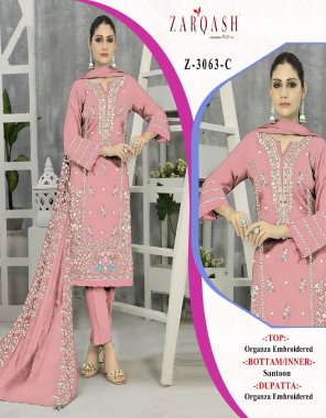 pink top - organza embroidered with stone work | bottom / inner - heavy santoon | dupatta - organza embroidered  fabric embroidery work ethnic 
