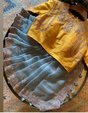sky grey  saree  - pure organza silk georgette | blouse - phantom silk  fabric embroidery dori thread  work wedding  