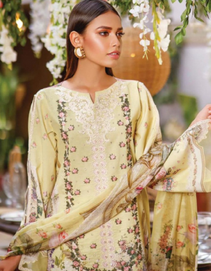 yellow top - pure cotton printed and embroidery patch with embroidery | dupatta - sliver chiffon printed | bottom - semi lawn ( pakistani copy ) fabric printed + embroidery work party wear 