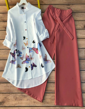 peach top - galaxy cotton | length  - font - 32+ - back - 36 + | bottom - american crepe | length - 38 + | size - free size to xxl elastic belt fabric gaj button work casual 