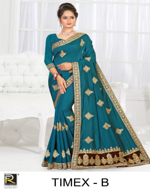 sky blue pc vichitra silk + velvet box pallu fabric embroidery work ethnic 