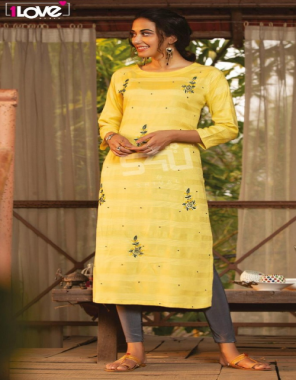 yellow premium rayon fabric embroidery work casual 