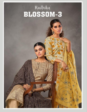 light brown top - blossom cotton print with foil and nek & lace work | dupatta - cotton full embroidery & four side lace | bottom - cotton fabric printed + embroidery work casual 
