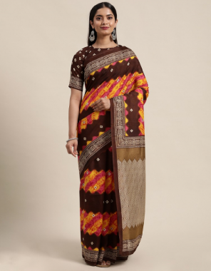 brown art silk fabric printed + weaving work ethnic 
