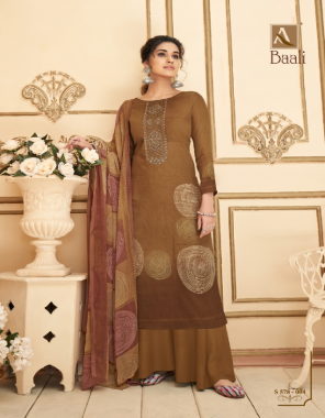 brown top - pure zam digital style print with fancy embroidery and swarovski diamond work | bottom - pure cotton dyed solid | dupatta - pure nazneen chiffon digital style print fabric embroidery work ethnic 