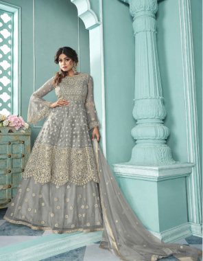 grey top - heavy net with codding embroidery work | stone |dupatta - heavy net with codding embroidery work with 4 side less | skirt flair - 3 m [ master copy ] fabric embroidery work runnning 