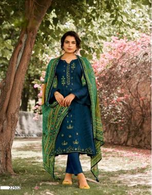 rama blue top - pure jam satin print with fancy panel placement embroidery and 2.50 m | dupatta - pure bemberg eric silk digital print excellent premium quality with tussels ( 2.50 m) | bottom - soft cotton ( 3.00 m) fabric embroidery work casual 