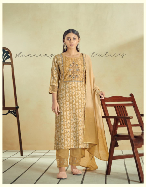 light brown pure muslim in kurta and pants viscose and shaded dupatta  fabric printed + emroidery work casual 