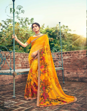 yellow georgette fabric printed work party wear 