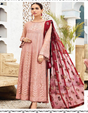 light pink top - georgette with heavy embroidery | bottom - dull santoon | dupatta - nazmeen embroidery work [ pakistani copy ] fabric embroidery work casual 