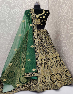 dark green lehenga - 9000 velevet with zari + badla and fancy dori embroidery work with standard stitching can can and canvas atteched - sixe - up to 44 