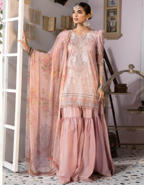 pink top - lawn cotton printed with heavy embroidery | bottom - semi lawn | dupatta - chiffon printed - mal mal cotton [ pakistani copy ] fabric heavy embroidery work casual  