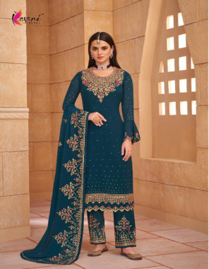 rama blue top - heavy blooming georgette with heavy self embroidery work with diamond | inner - heavy dull santoon | pent - heavy dull santoon pent self embroidery work & diamond | dupatta - heavy blooming georgette with heavy self embroidery work with diamond  fabric embroidery work casual 