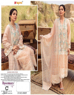 peach top - pure cotton with embroidered | bottom - semi lawn | dupatta - net embroidered / munga checks with embroidered bunches  [ pakistani copy ] fabric embroidered work casual 