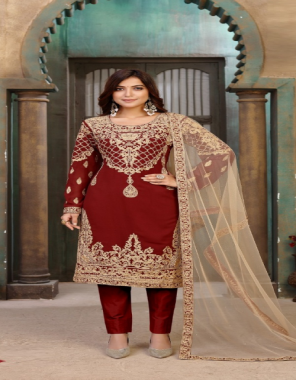 maroon top - faux georgette | inner & bottom - santool | dupatta - net with heavy work lace fabric thread embroidery work casual 