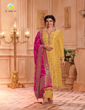 yellow pure dola jacquard top with double zari pure dola jacquard dupatta fabric embroidery work casual 