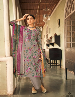 gray top - pure jam cotton digital style print with fancy embroidered  work (2.50 mtr ) | dupatta - pure nazneem chiffon (2.30mtr) | bottom - pure cotton salwar (3 mtr apx)  fabric embroidery  work fastive 