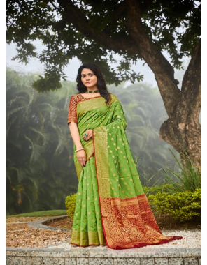 green zari silk fabric jacquard + weaving work casual 