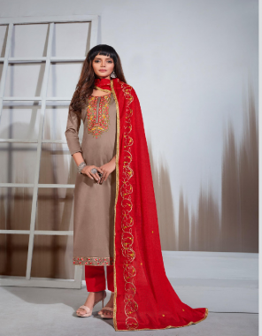 brown top - pure jam silk with heavy emboidery | bottom - pure cotton | dupatta - pure chiffon with print and embroidery four side lace fabric heavy embroidery work casual 