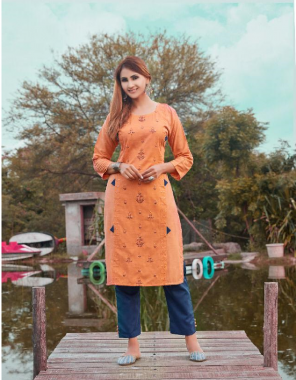 orange top - heavy milanz rayon with manual embroidery abd sequance work | bottom - heavy bombay slub fabric embroidery work casual 