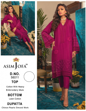 dark pink top - pure heavy quality material heavy cotton with beautiful heavy embroidery work | bottom - pure heavy quality material heavy semi - lawn with beautiful colour matching with kameez | dupatta - pure heavy quality material heavy chinon with beautiful heavy pearl dupatta [ pakistani copy ] fabric embroidery work casual 