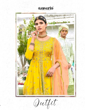 yellow top - pure viscose georgette + heavy chinon ( full ready made ) | inner - dill santoon | plazzo + skirt - pure viscos georgette with heavy chinon ( full ready made ) | dupatta - heavy net fabric embroidery work casual 