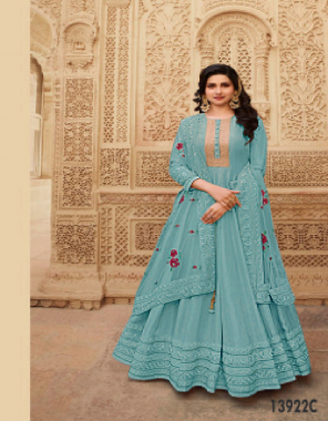 sky blue anarkali suits - butterfly net | work - codding & embroidery work | inner - silk santoon | length - max up to 61 size - xl ( margin up to 44) fabric codding work + embroidery work casual 