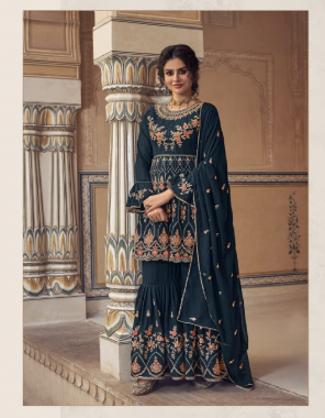 rama blue top - ( stitched free size ) - heavy real blooming georgette with heavy exclusive embroidery with fancy diamond work | bottom ( garara stitch ) - heavy real blooming georgette with heavy embroidery with fancy diamond work | dupatta - heavy real blooming georgette with embroidery | inner - heavy santoon fabric exclusive embroidery work casual 