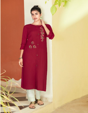 maroon fancy rayon with embroidery fabric embroidery work casual  