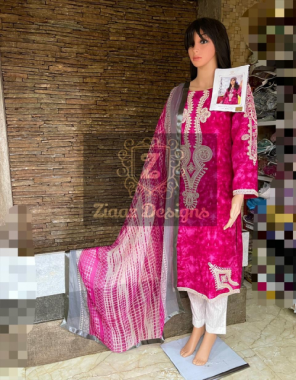 pink top - superb quality cotton tie and die collection mill print fabric | bottom - cotton printed | dupatta - beautiful tie and die chiffon ( embroidery patches provided for neck sleeves and daaman of top ) [ pakistani copy ] fabric printed + patch work work casual 