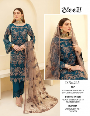 rama blue top - georgette with heavy embroidery | bottom inner - dul santun with patch work | dupatta - naznik chiffon with embroidery [ pakistani copy ] fabric embroidery + patch work work casual 