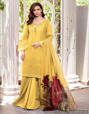 yellow top - pure heavy quality material heavy cotton with beautiful embroidery work with cut work | bottom - pure heavy quality material heavy lawn cotton | dupatta - siffon digital print [ pakistani copy ] fabric embroidery work casual 