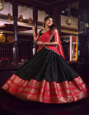 black lehenga ( stitched ) - jacquard lehenga | waist - support up to 42 | length - 41 | flair - 3.4 m | inner - micro cotton | dupatta fabric - net - georgette | dupatta length - 2.3 m | blouse ( unstitched ) - jacquard ( with embroidery work belt ) blouse length - 1 m fabric jacquard work casual 