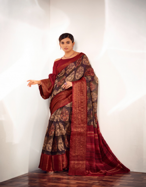 brown pure handlooms maheshwari antique kanchi border fabric printed work casual 