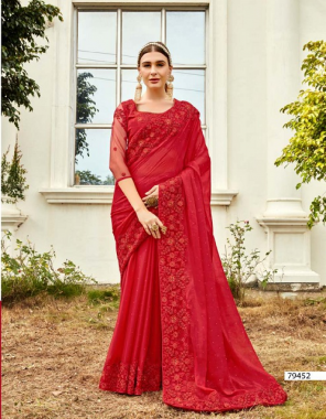 red vichitra silk fabric embroidery work casual 