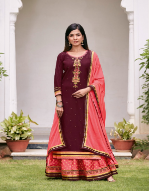 maroon top - heavy rayon with embroidery work | bottom - pure viscose jacquard silk butti with embroidery lace work | dupatta - chinon with four side border fabric embroidery work casual 