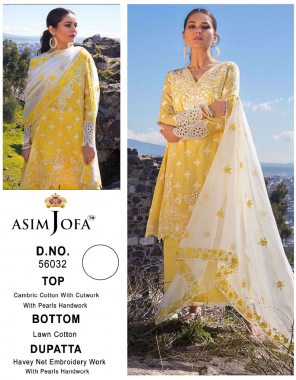 yellow top - cambric cotton self embroidery work with fancy cut work embroidery pearls hand work | bottom - lawn cotton | dupatta - heavy net embroidery work with perlas hand work [ pakistani copy ] fabric embroidery work party wear 