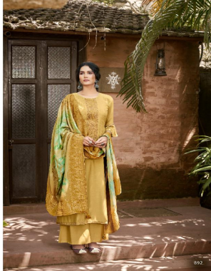 yellow top - pure maslin silk with fancy embroidery | dupatta - pure maslin jacquard dupatta with tassels | bottom - pure jam silk cotton fabric embroidery work casual 