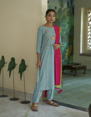 sky blue top - fine weaving silk viscose with delicate handwork | bottom - fine weaving silk viscose with pleated pant | dupatta - chanderi viscose with all over delicate embroidery with stylish bead acceessorie ( 2.25 m approx ) | kurta length 46 inch pant length 39 inches fabric handwork work festive 