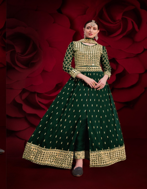 dark green top - pure georgette with embroidery fancy work  real mirror both side work | dupatta - net with mirror lace |bottom / inner - attached santoon inner +4m | size - semi stitched up to 46 fabric embroidery work casual 