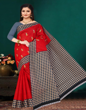 red cotton saree with work ( cut 5.50 ) ( without blouse) fabric embroidery work casual 