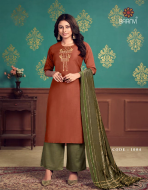 brown top - chinon silk with work | inner - cotton | plazzo - chinon silk | dupatta - chanderi ( 2.25 m) | top - length - 44 | pant length - 40 fabric embroidery work casual 