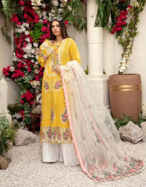 yellow top - pure lawn cotton with self embroidery | bottom - semi lawn | dupatta - all des embroidery net [ paksitani copy ] fabric self embroidery work casual 
