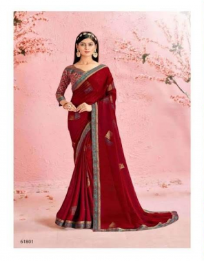 maroon p*c sahi chiffon with foil print with fancy jacquard dyeble lace + fancy pattern blouse fabric foil print work casual 