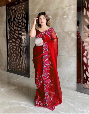 red saree - premium organza silk with embroidery cut work | blouse - tone to tone plain banglori [ master copy ] fabric embroidery work casual 