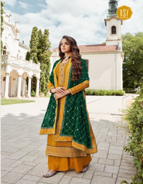 yellow top - pure faux georgette with embro - neck - sleeve - daman sequance work | bottom / inner - dull santun | dupatta - pure chinon silk with heavy work & embroidery border on fourside pallu with jacquard border  fabric embroidery work ethnic 