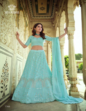 sky blue blouse - georgette | lehenga - georgette | dupatta - georgette | size - semi - stitched upto 42 inches bust & waist  fabric sequance + thread  work casual  