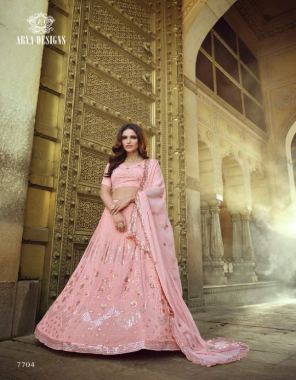 baby pink blouse - georgette | lehenga - georgette | dupatta - georgette | size - semi - stitched upto 42 inches bust & waist  fabric sequance + thread  work ethnic 